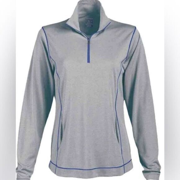 NWT Paige & Tuttle Women’s Heather Gray Blue Trim Half Zip Athletic Pullover -S - Picture 1 of 9